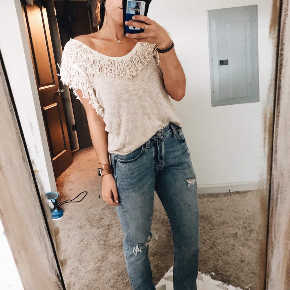 Anthropologie cream fringe/tassel top
